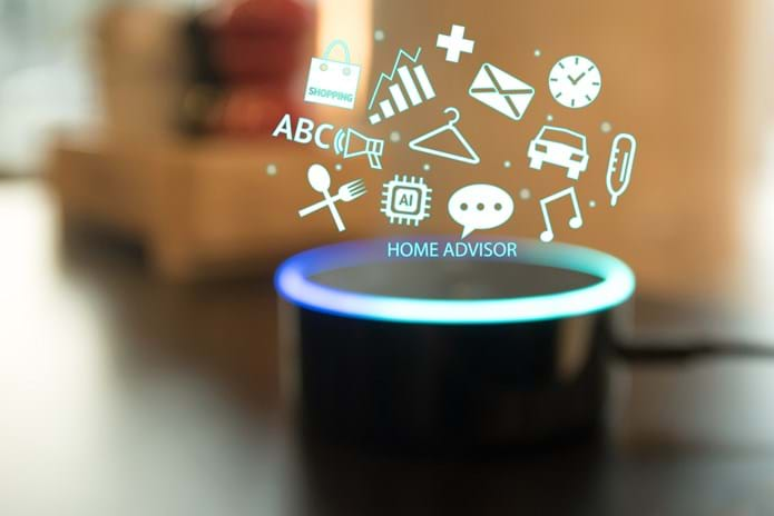 amazon alexa with infographic icons floating above