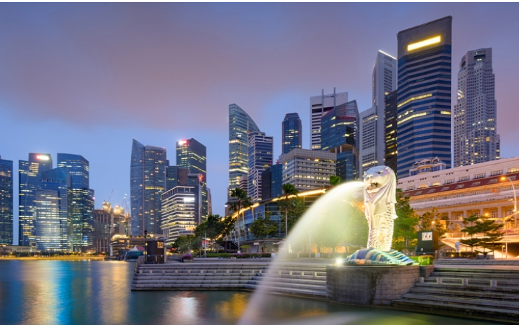 Water front view of downtown Singapore with fish fountain