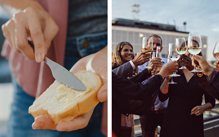 collage of woman spreading butter on toast and people toasting with wine glasses